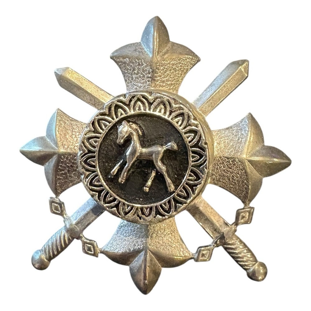 Vintage silver tone heraldic horse Maltese cross & crossed swords brooch J22